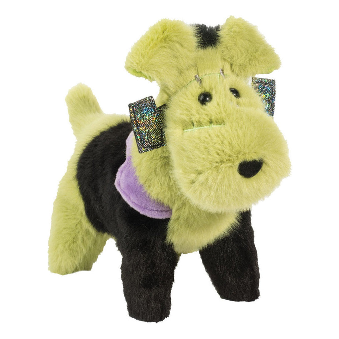 This is Franken Dog by Douglas Cuddle Toys. Plush dog stands on four legs with long, shaggy fur that has a soft sheen. Fur colours are green on the head, muzzle, ears, tail and lower legs, and black on the back and upper legs, with a short black stripe at the top of the head and a black saddle marking on the body. Muzzle is green and broad, inner ears green, tummy not visible but lower chest area appears green, paw pads not visible. Eyes are black and round, nose is black and rounded-triangle. A purple...