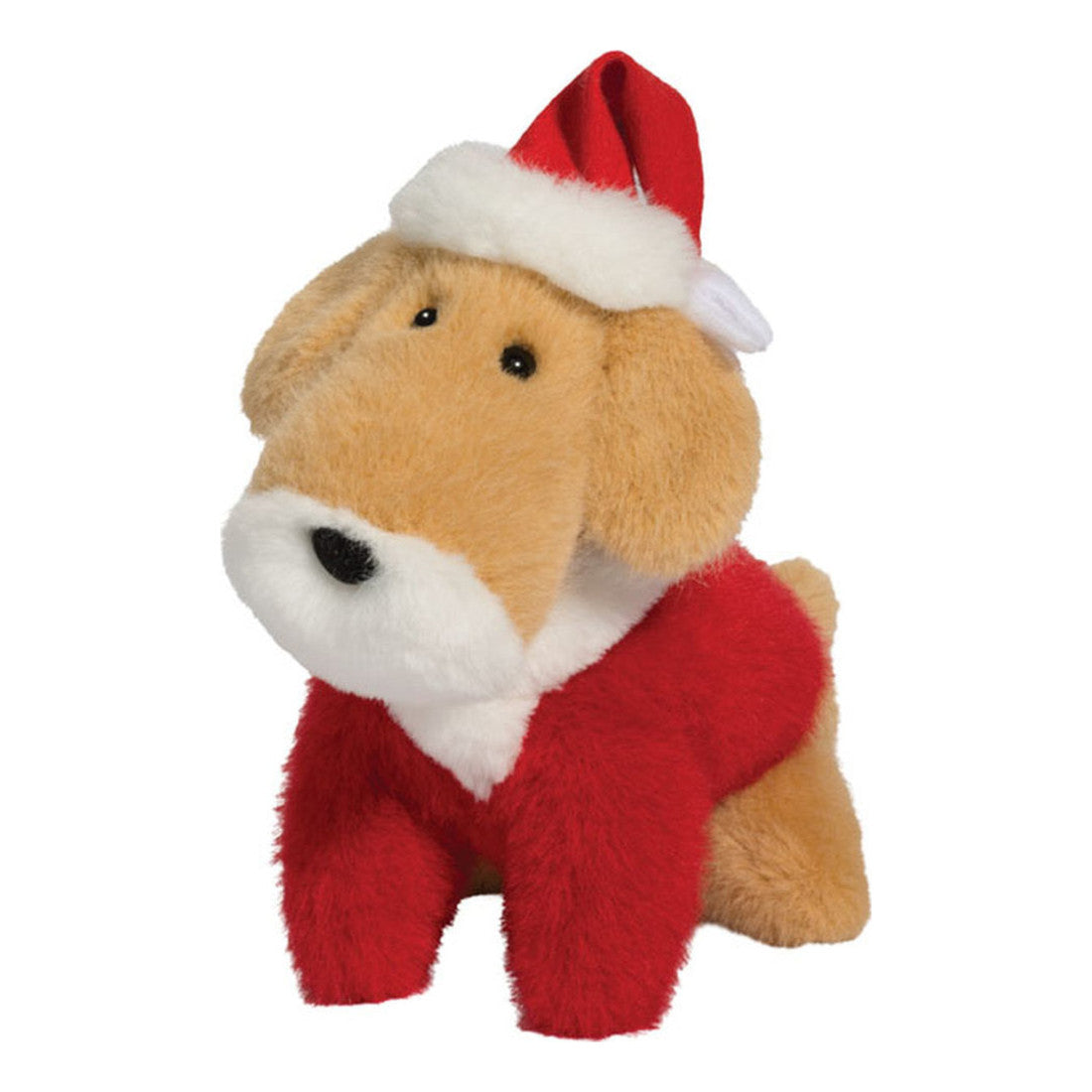 This is Santa Dog by Douglas Cuddle Toys. Small standing dog with medium-length, straight, slightly glossy fur in beige and white, and black facial features. The beige fur covers the head, ears, back and hind legs; the muzzle, chest and throat fur are white; inner ears match the beige fur. The eyes are small and black; the nose is black and oval. The front legs are covered by a red sweater so their paw tops are not visible; the rear paws are beige. The dog wears a red Santa hat with a white trim and we...