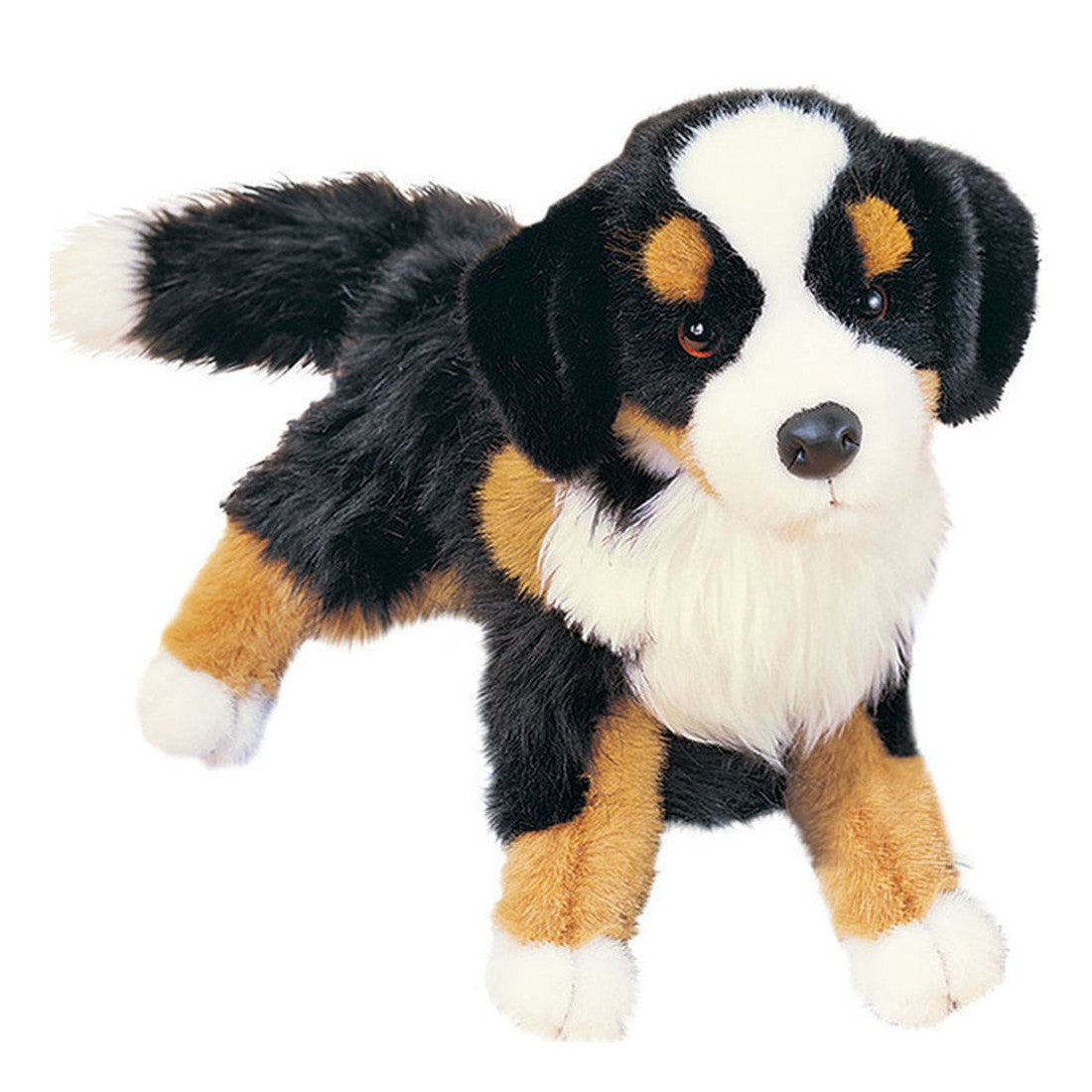 This is Trevor by Douglas Cuddle Toys. Trevor is a standing Bernese mountain dog plush with predominantly black fur, brown markings and white accents. The fur is medium-long and slightly shaggy with a soft sheen; the chest and tail fur is longer and fuller. The muzzle, a white patch between the eyes and the tummy are white. The inner ears are black. The legs are brown with white paws and white paw pads. The eyes are brown and the nose is black and rounded. Markings include brown eyebrow spots and brown...