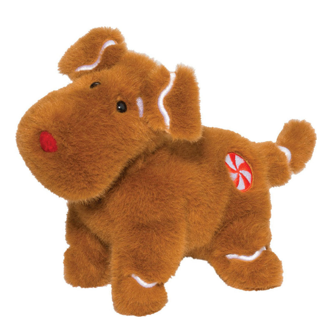 This is Gingerbread Dog by Douglas Cuddle Toys. Small standing dog with dense, short-to-medium, slightly shaggy fur that has a soft sheen. Fur is brown overall with white trim accents on the inner ears, ear ruffles, tail ring and small curved marks above the paws; the muzzle, tummy and paws match the brown fur. The inner ear surfaces are white. Eyes are black and set close together. Nose is red and round. Markings include a red-and-white peppermint-style round patch embroidered on the right flank and w...