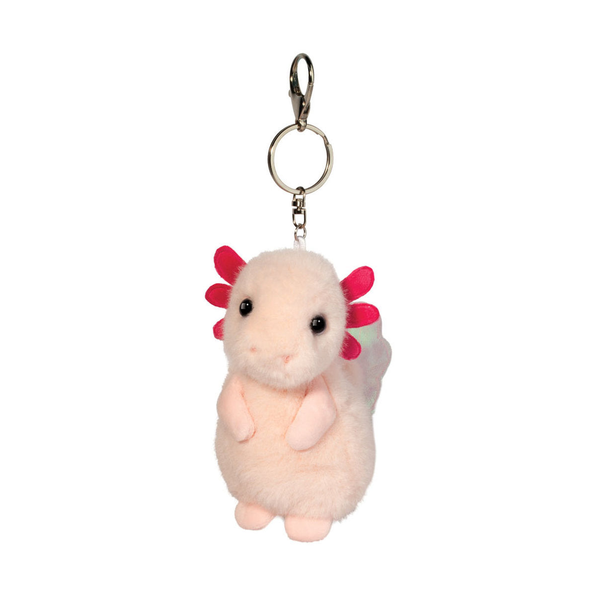 This is Axolotl by Douglas Cuddle Toys. The plush has pale pink and white fur that is very short, smooth and slightly glossy; the fur on the tail shows pale green and iridescent multicolor patches. The muzzle, tummy, paws and paw pads are the same pale pink as the body. The external gills are bright pink and sit symmetrically on each side of the head. The eyes are black and round. The nose is pale pink with two small stitched nostrils. The tail is visible behind the body with subtle green and multicolo...