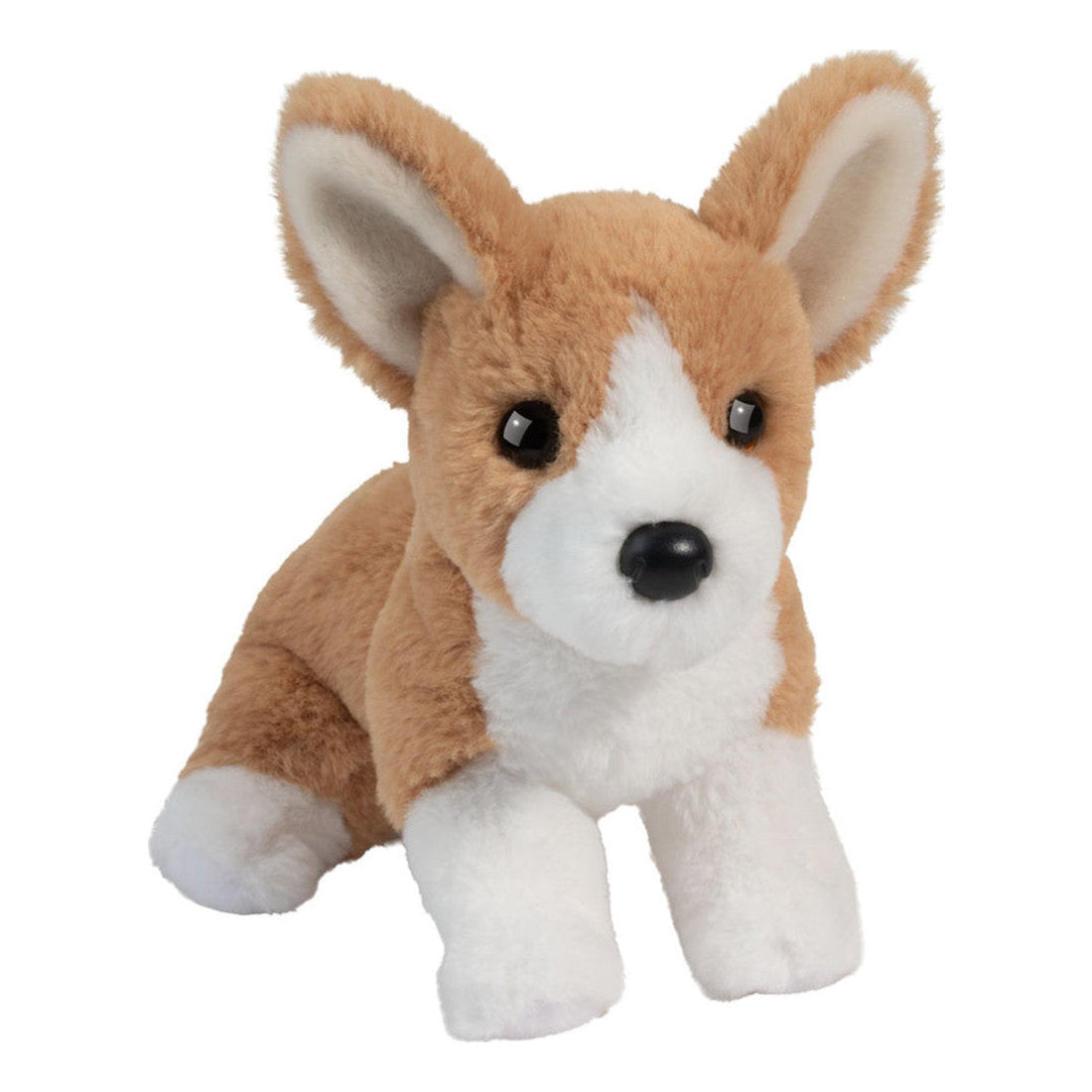 This is Cheekie Corgi by Douglas Cuddle Toys. Cheekie Corgi is a small sitting dog with short, smooth fur that has a soft sheen. The fur colours are brown on the head, back, outer ears and tail, and white on the muzzle, blaze down the face, inner ears, chest, tummy and all four paws; paw pads are white. The muzzle is white and rounded, the inner ears are pale white, the tummy and paw fronts are white, and the tail is brown. The eyes are black and round and the nose is black and oval. Markings include a...