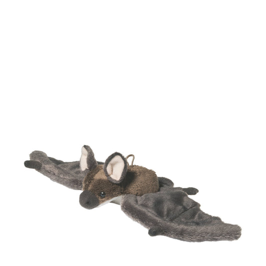 This is Little Bat by Teddy-Hermann. Small bat with two main fur colours: warm brown on the rounded body and head, and dark gray on the outstretched wings; fur appears short, dense and slightly glossy on the body and slightly longer and plush on the wings. The muzzle is black and rounded; inner ears are pale white; the underside/tummy shows a small white area. Eyes are black and shiny and the nose is black and rounded. Wings are wide and flattened with visible wing tips. The plush is described as sitti...