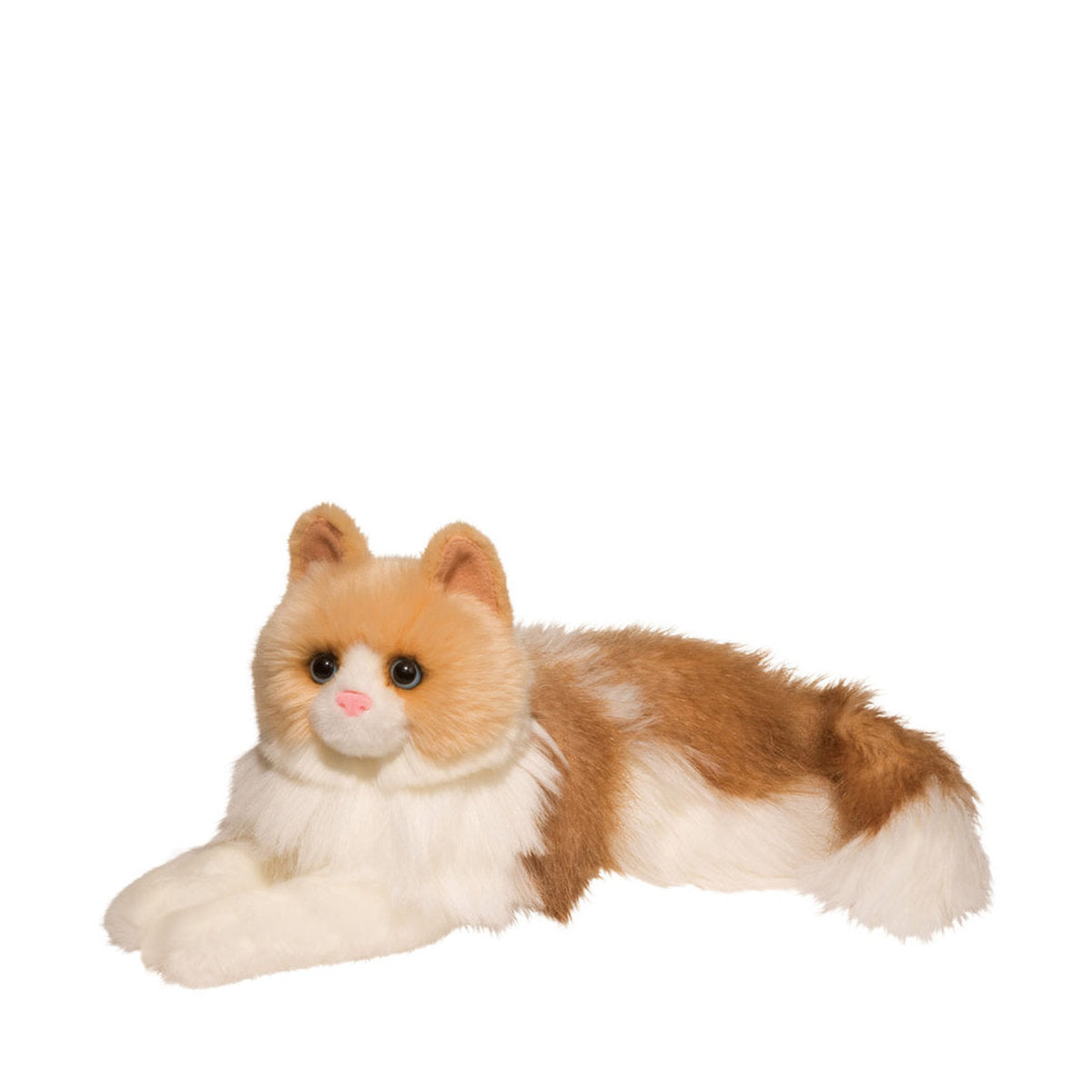 This is Kiki by Douglas Cuddle Toys. Kiki is a reclining cat with long, fluffy fur that appears medium-long, slightly shaggy with a soft sheen and dense texture. The fur colours are brown, white and beige: white fur covers the muzzle, chest, tummy and front paws; brown patches cover the back, tail and parts of the flanks; beige tones are present on the head and inner ears. The muzzle is white, the nose is small and pink and the eyes are dark brown and round. The paws are white and no paw pads are visib...