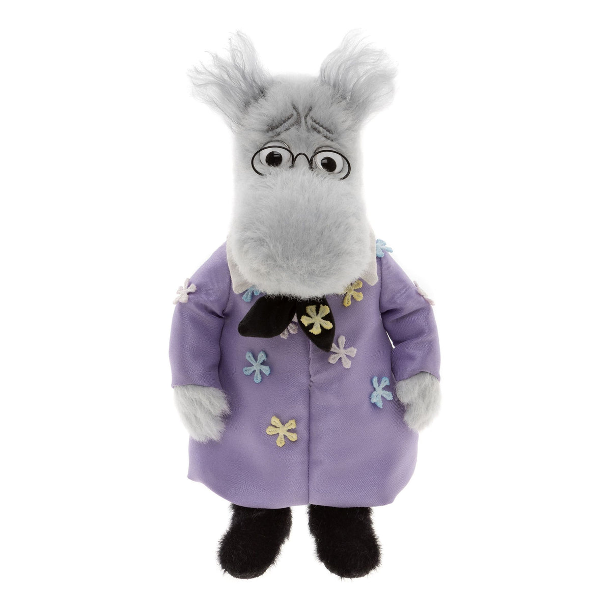 This is Minimo Hemulen by Charlie Bears. Minimo Hemulen has soft light gray alpaca wool fur that is medium-long, slightly shaggy with wispy tufts on the ears and a low sheen; the legs and feet fur are solid black and appear denser and shorter. The muzzle, hands and visible paw areas are light gray matching the head; inner ears are slightly darker gray. Eyes are black centres with white surrounds and framed by small round black glasses; there is no distinct external nose visible. Dark stitched brow line...