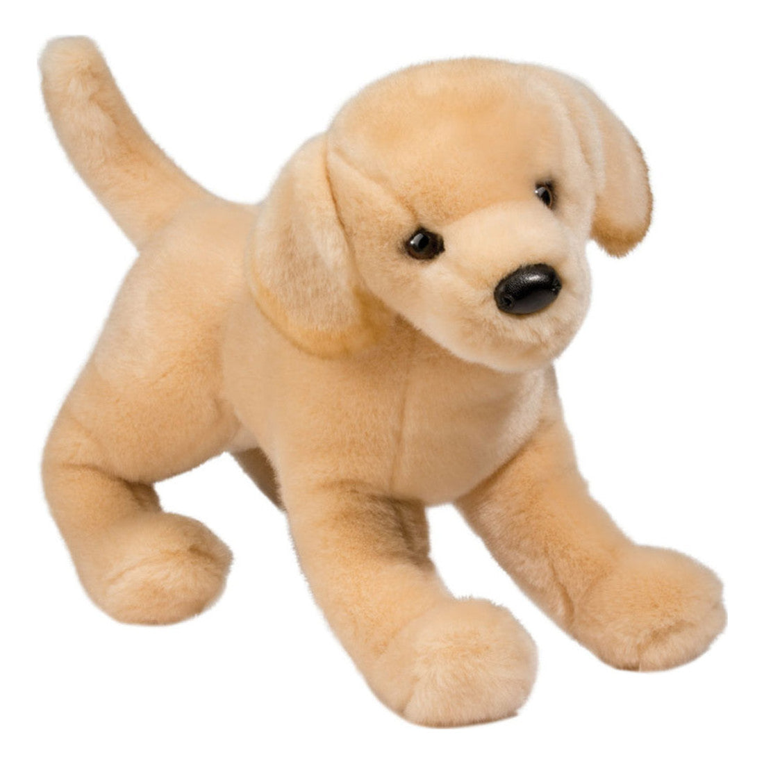 This is Mandy by Douglas Cuddle Toys. Large dog plush with uniformly beige fur that is short to medium in length, smooth in texture, with a soft low sheen and medium density. The muzzle, inner ears, tummy and paws match the beige fur. The eyes are dark brown and round. The nose is black and rounded with a subtle ridge at the top. No distinct markings, patches or stripes are visible. The plush wears no clothing or accessories and holds nothing. The pose is standing with front legs extended and hind legs...