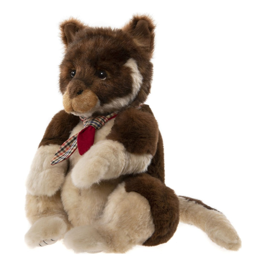 This is Chester by Charlie Bears. Chester is a sitting kangaroo with short-to-medium length, dense fur that has a slight sheen. The fur is dark brown across the head, back, outer ears and upper arms, with beige on the muzzle, lower face, inner ears, tummy, lower arms and feet; there are small white/cream patches at the cheeks and around the eye rims. The eyes are very dark (near-black) and round. The nose is black and small with a rounded triangular shape. Paws show beige fur with black stitched pad li...