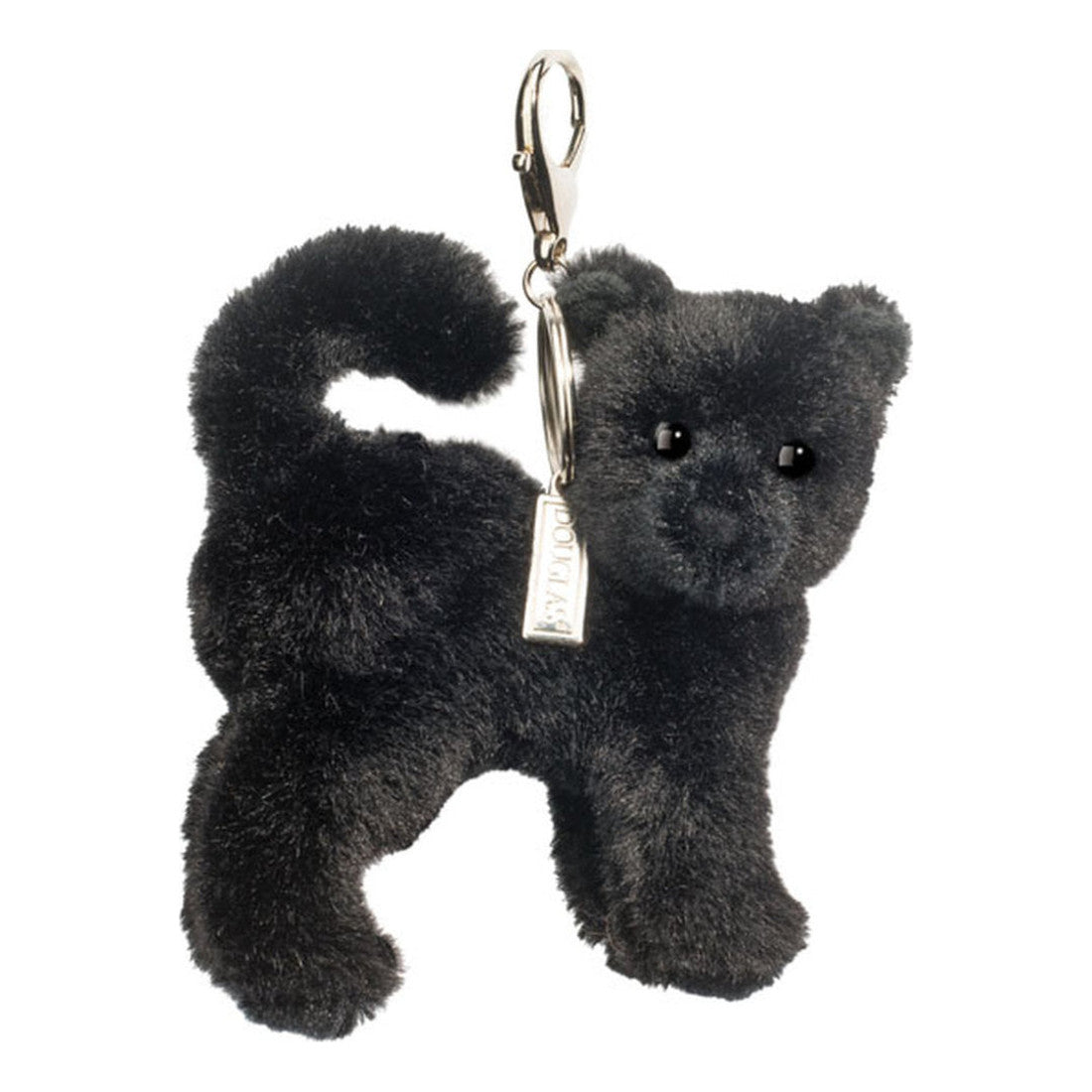 This is Black Cat by Douglas Cuddle Toys. Small standing cat with short, dense, slightly glossy black fur. The muzzle, inner ears, tummy and paws match the black fur and show the same short, dense, slightly glossy texture. The eyes are black and round, the nose is black and small, triangular. No distinct markings, socks or patches are visible. The plush is in a natural four-legged standing pose with the tail curved upward. No garments or held items are present. The face suggests a curious, alert mood.