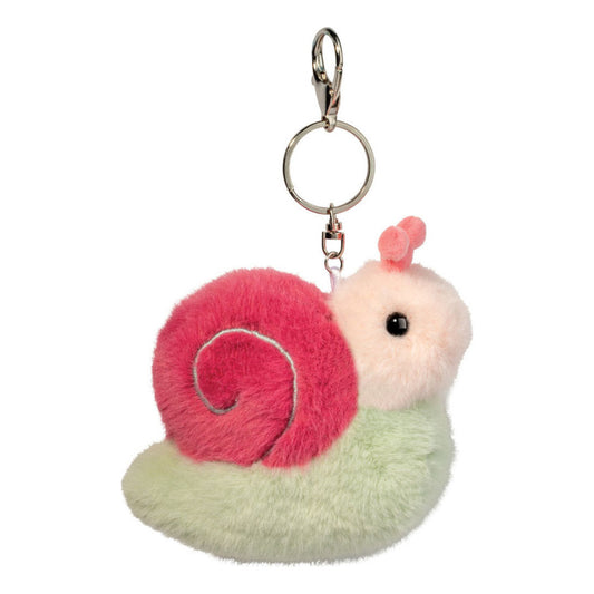 This is Snail by Douglas Cuddle Toys. Small plush snail with short, dense, slightly shiny fur. Fur colours are pink on the spiral shell, pale pink on the rounded head, and pale green on the body and foot. The shell has a stitched spiral highlight in a silvery thread. The head has two short antennae made in the same pale pink fur. A single round black eye is visible on the head; there is no visible nose. The plush is fixed in a sitting/resting pose with the body extended beneath the shell. The face sugg...